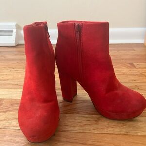Red Suede Platform Ankle Boots - Women